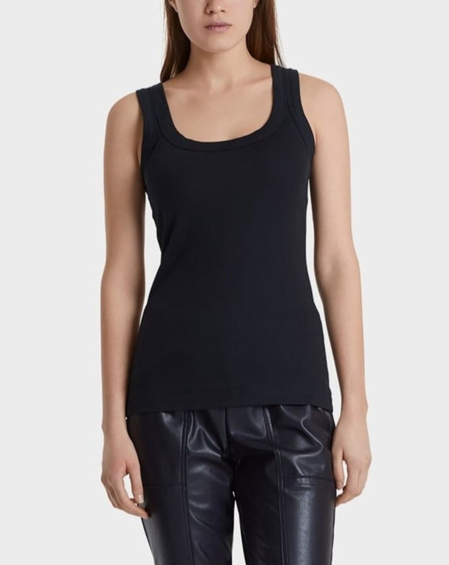 Women MARC CAIN T-Shirts & Singlets | Basic Rib Scoop Neck Tank Navy