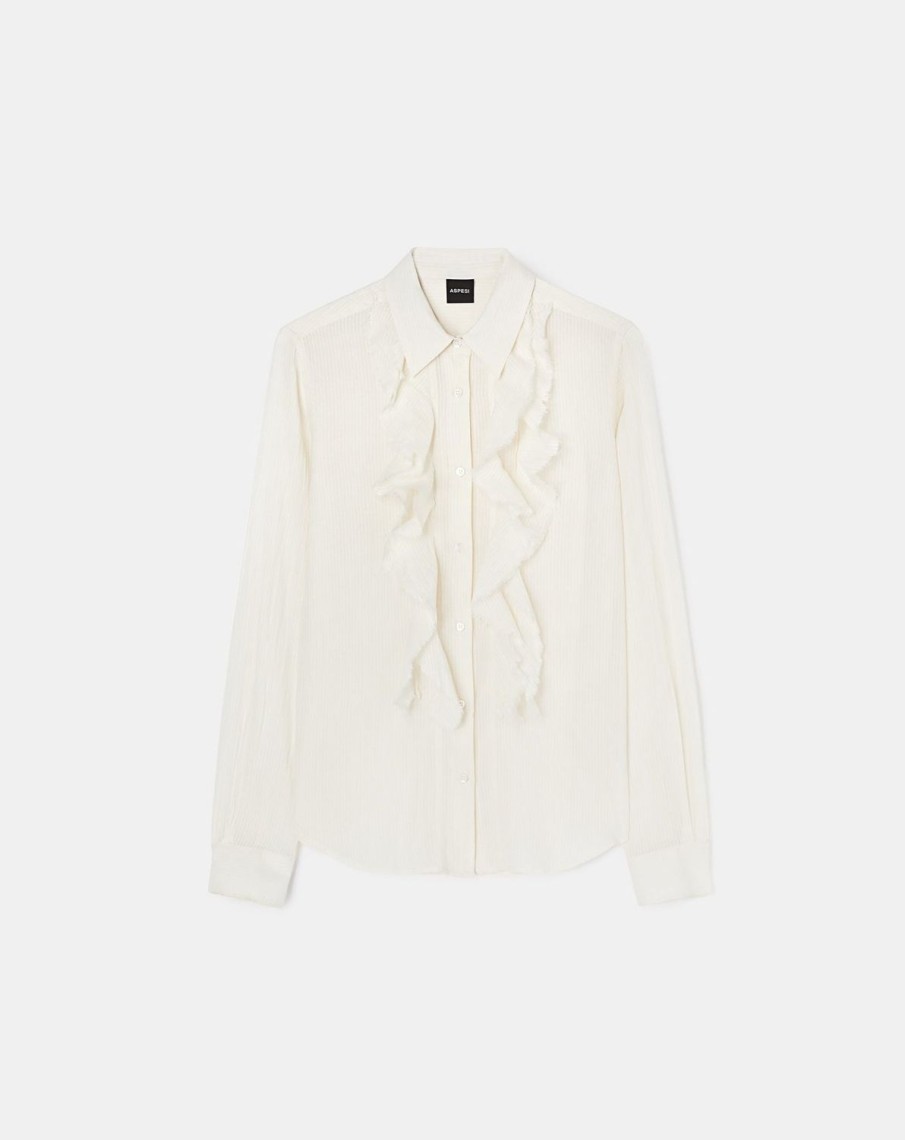 Women Aspesi Shirts & Blouses | White Classic Shirt W Centre Front Ruffle Natural