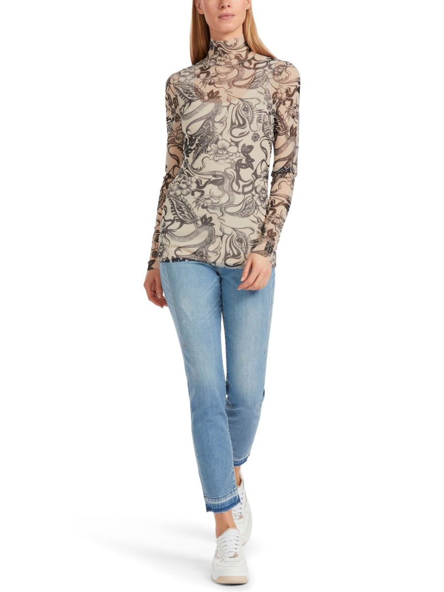 Women MARC CAIN Tops | Tattoo Tulle L/Sleeve Top 155-Almd Blsm