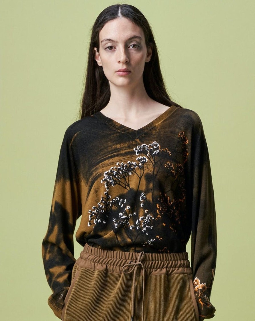 Women HIGH Knitwear | Reverb Fine Knit W Stylised Floral Print Brown