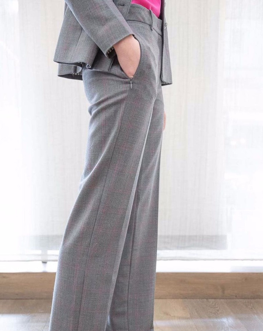 Women MARC CAIN Pants | Marc Cain Wool Blend Pant Pants/Grey With Pink Check Cemento