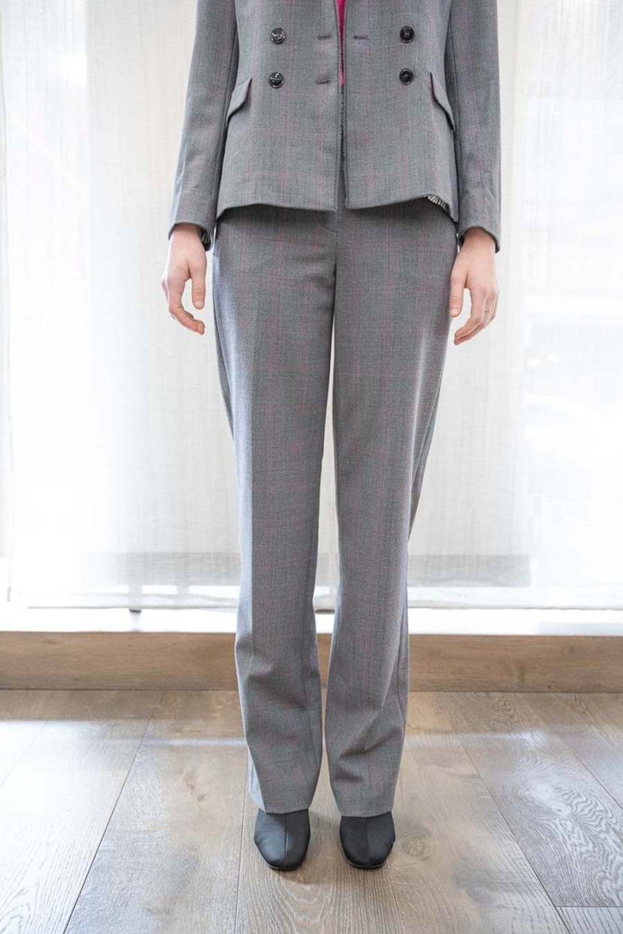 Women MARC CAIN Pants | Marc Cain Wool Blend Pant Pants/Grey With Pink Check Cemento