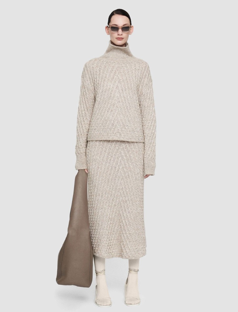 Women Joseph Knitwear | Fuzzy Roll Neck Fine Cable Knit Light Khaki