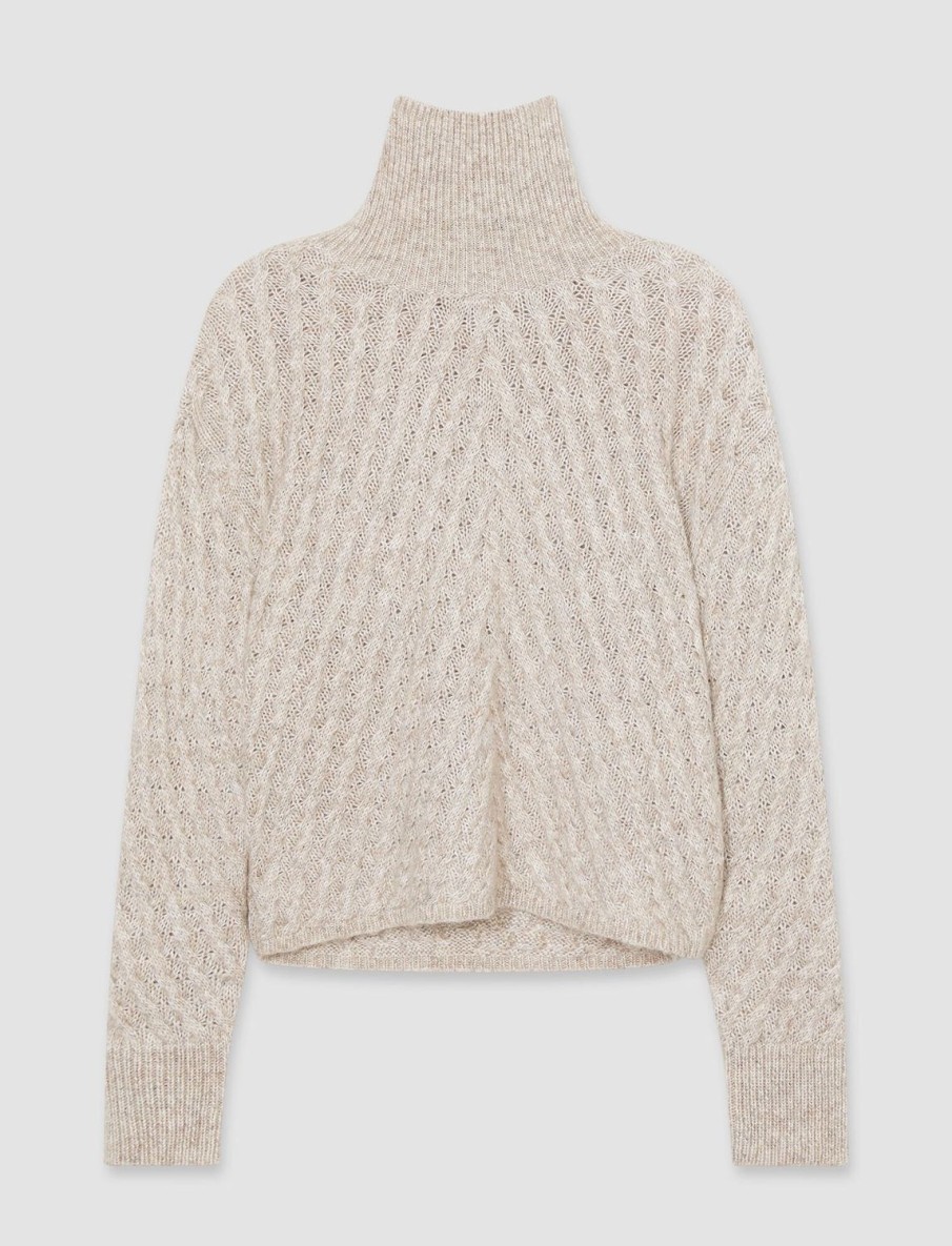 Women Joseph Knitwear | Fuzzy Roll Neck Fine Cable Knit Light Khaki