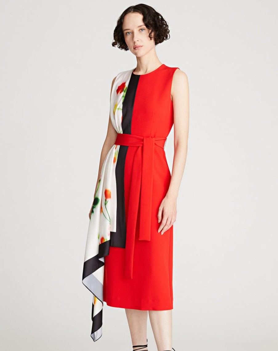 Women Halston Dresses | Elissa Dress In Crepe And Twill Lipstick Red/Chalk