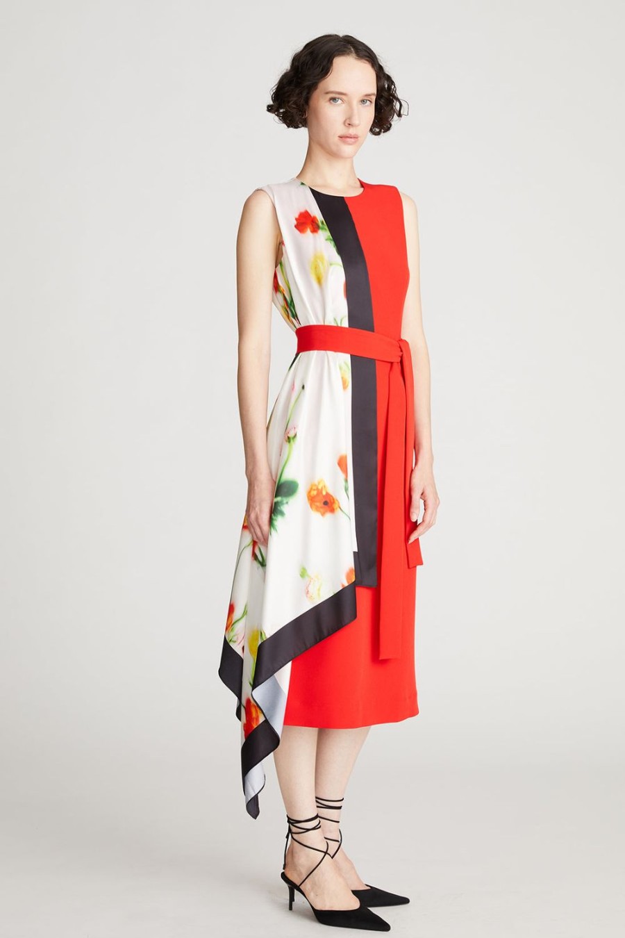 Women Halston Dresses | Elissa Dress In Crepe And Twill Lipstick Red/Chalk