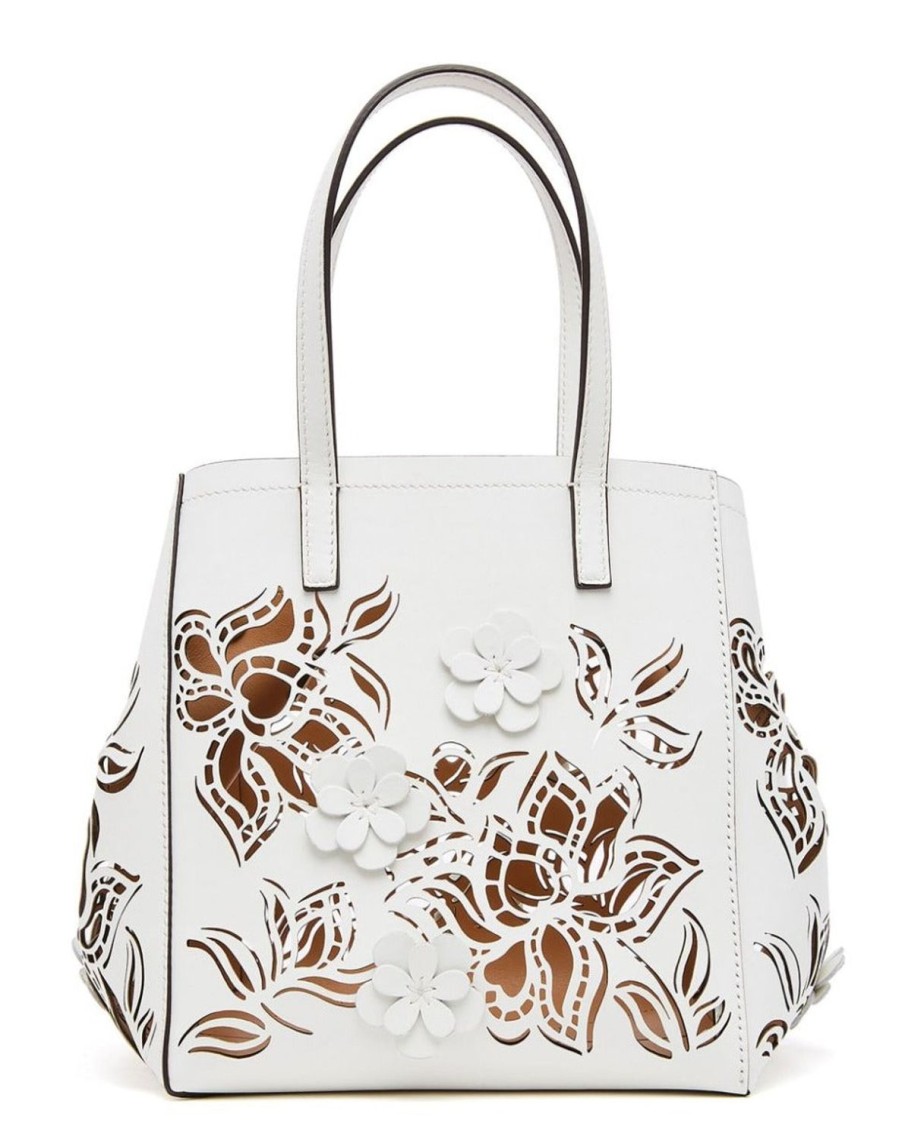 Women Oscar De La Renta Bags | Mini Laser Cut Floral Square Tote White