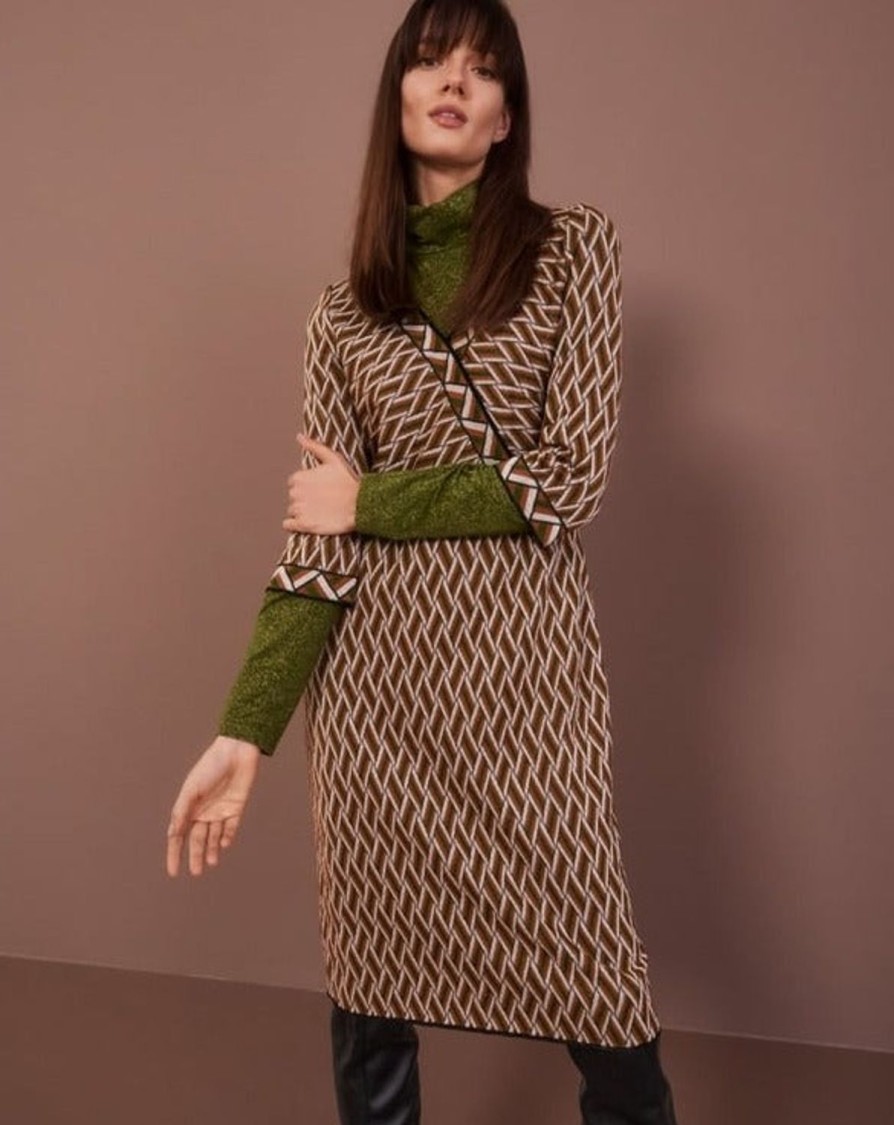 Women MARC CAIN Knitwear | Knitted Dress In Jacquard Woven Pattern 573-Orient Grn