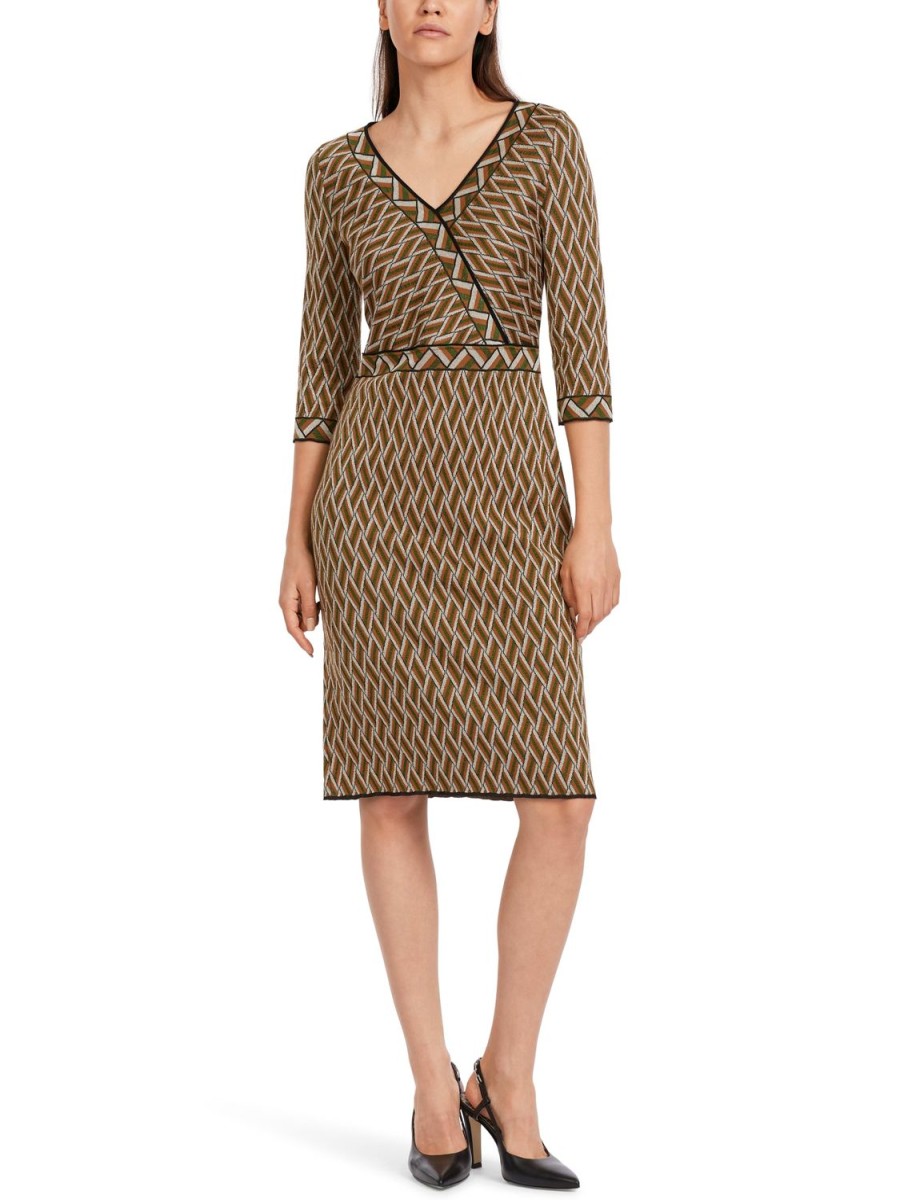 Women MARC CAIN Knitwear | Knitted Dress In Jacquard Woven Pattern 573-Orient Grn