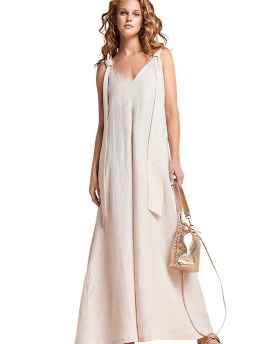 Women Riani Dresses | Linen Maxi Dress W Long Ties On Shoulder Dream