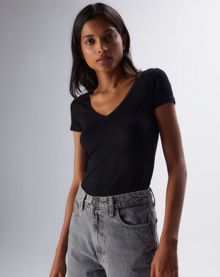 Women MAJESTIC FILATURES T-Shirts & Singlets | Superwashed Viscose & Elastine V-Neck T-Shirt Navy