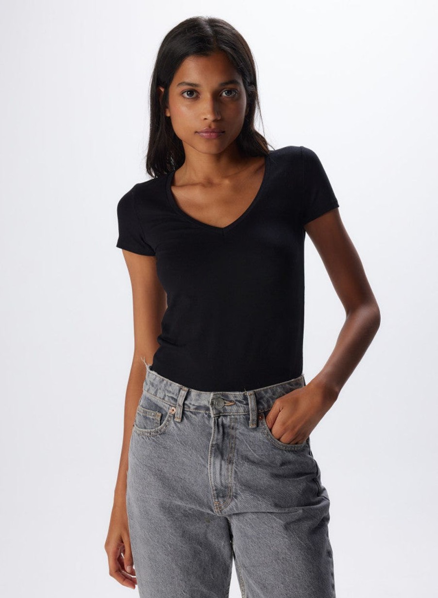 Women MAJESTIC FILATURES T-Shirts & Singlets | Superwashed Viscose & Elastine V-Neck T-Shirt Navy