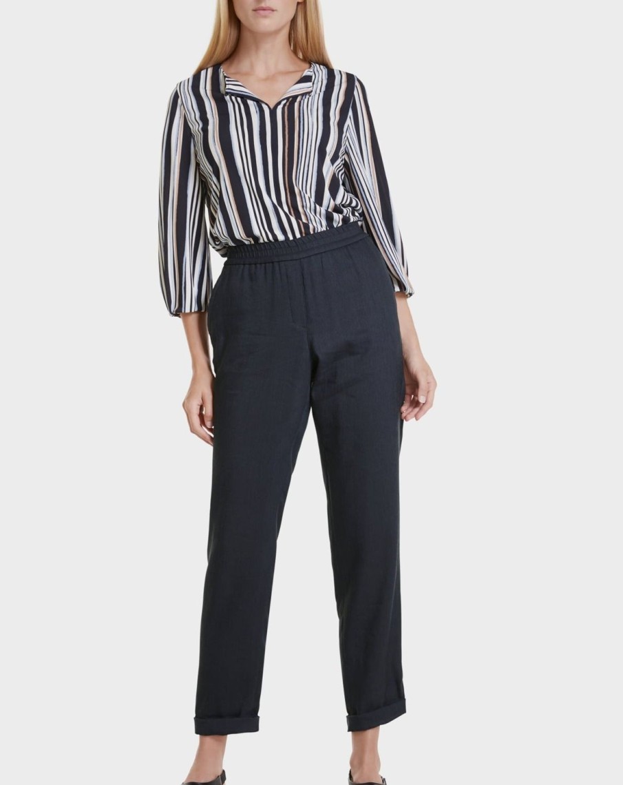 Women MARC CAIN Pants | Slim Elastic Waist Navy Twill Pants Mngt-Blue