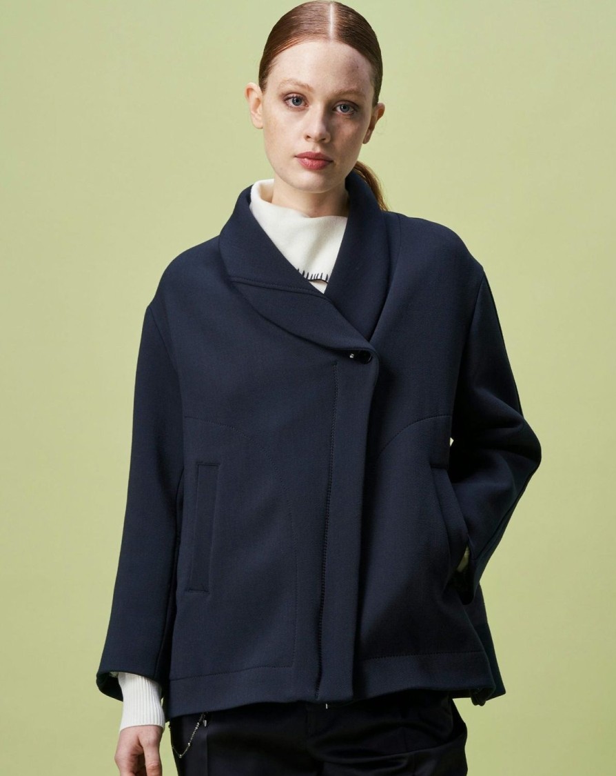 Women HIGH Coats & Parkas | Optimist Short Wool Mix Jersey Swing Coat Navy