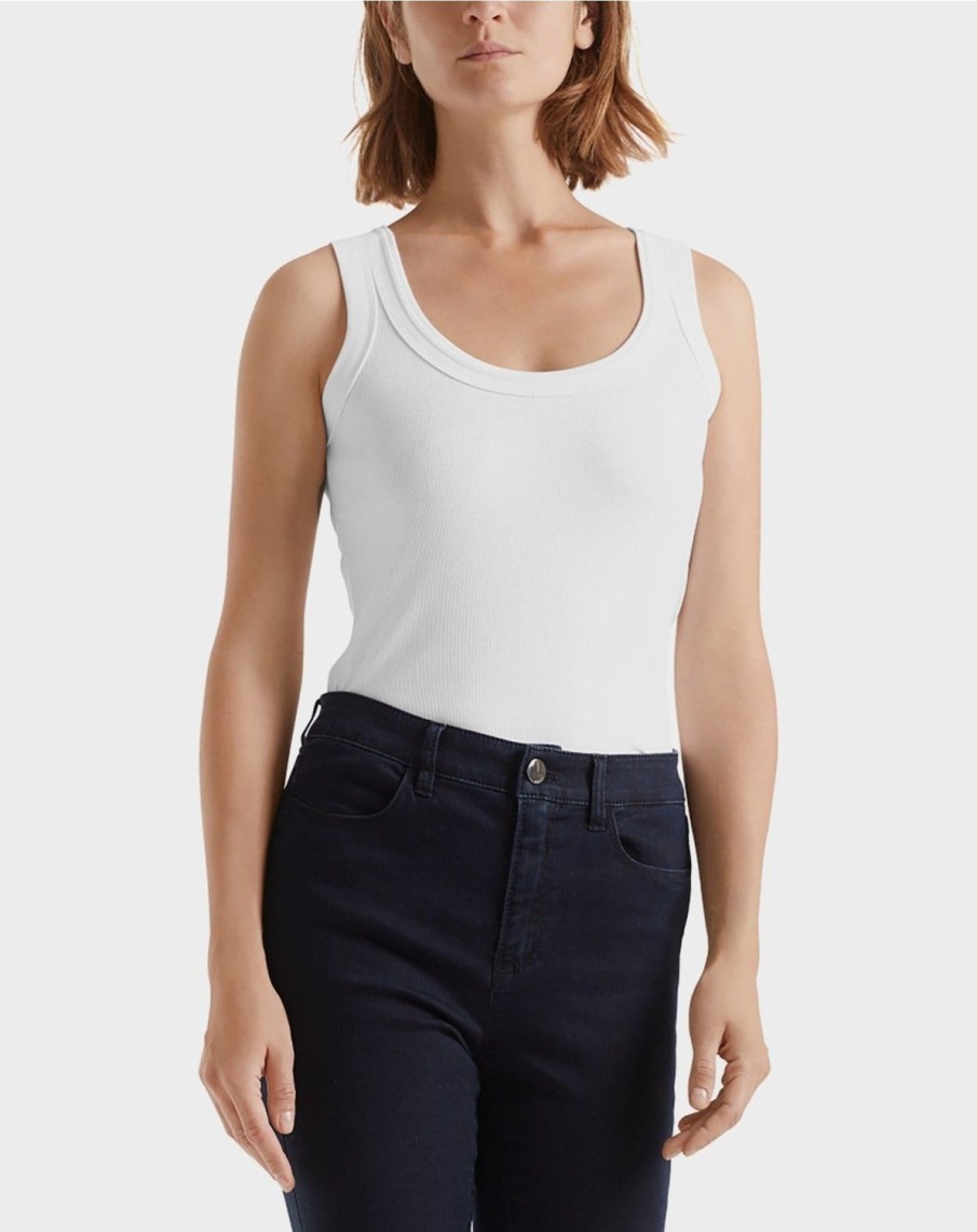 Women MARC CAIN T-Shirts & Singlets | Basic Rib Scoop Neck Tank White