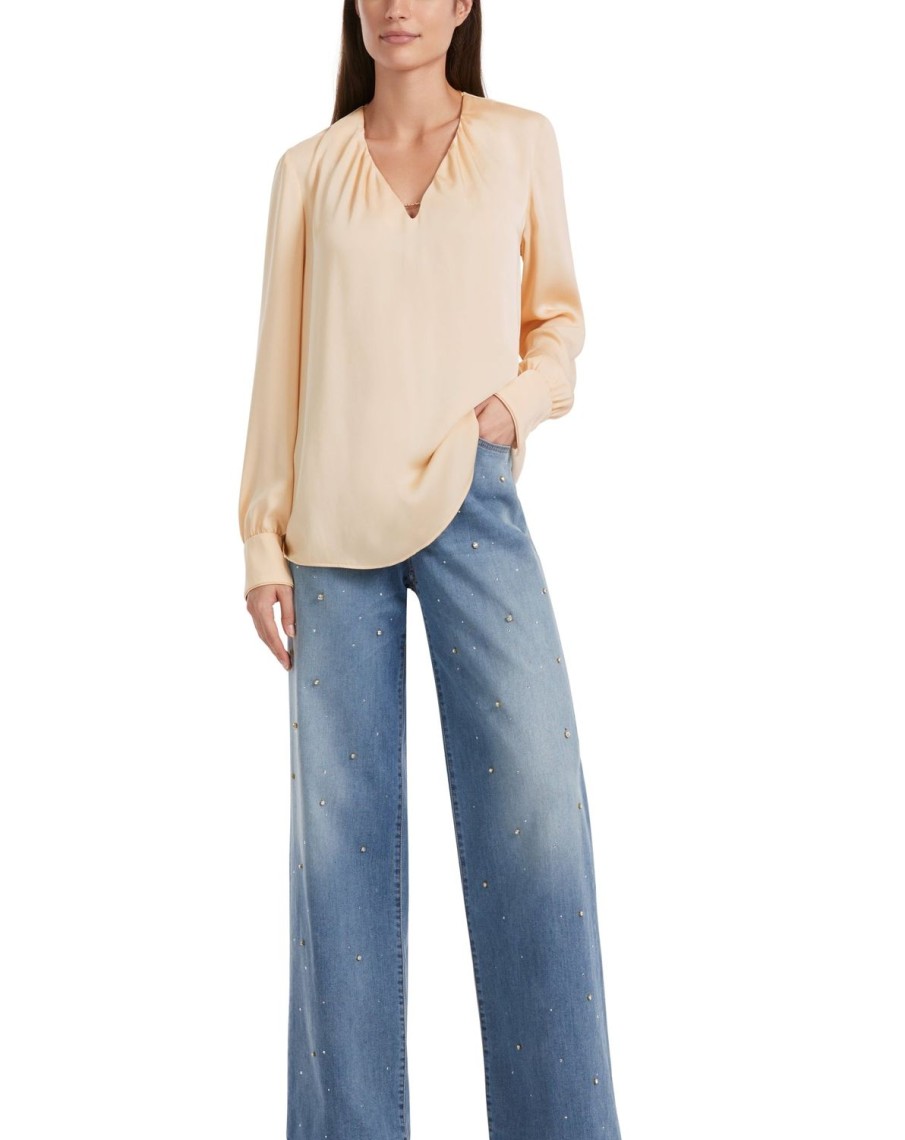 Women MARC CAIN Tops | Long Sleeve Satin Blouse 132-Dark Cream