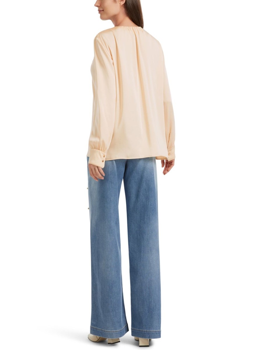 Women MARC CAIN Tops | Long Sleeve Satin Blouse 132-Dark Cream