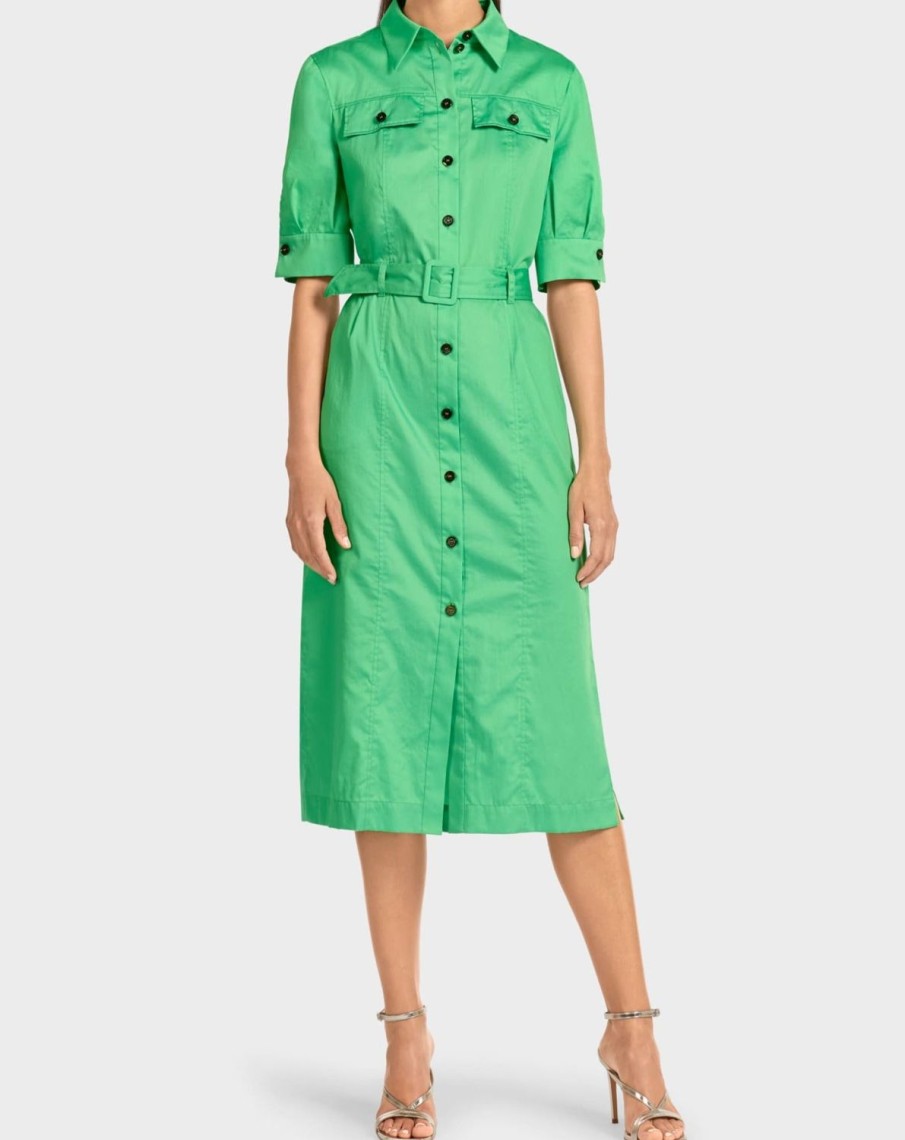 Women MARC CAIN Dresses | Cotton Shirt Dress With Black Buttons And Self Belt