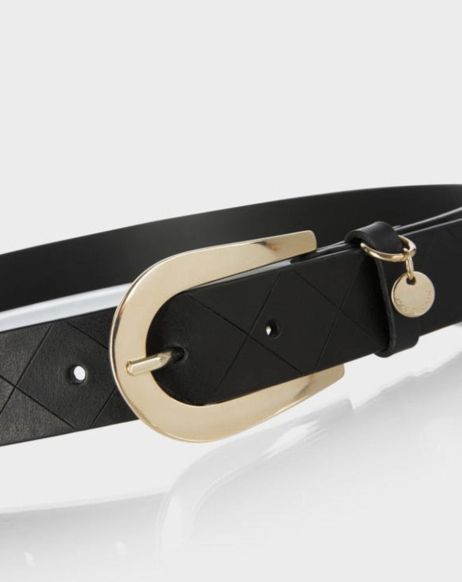 Women MARC CAIN Belts | Check Embossed Belt With Gold Buckle Black