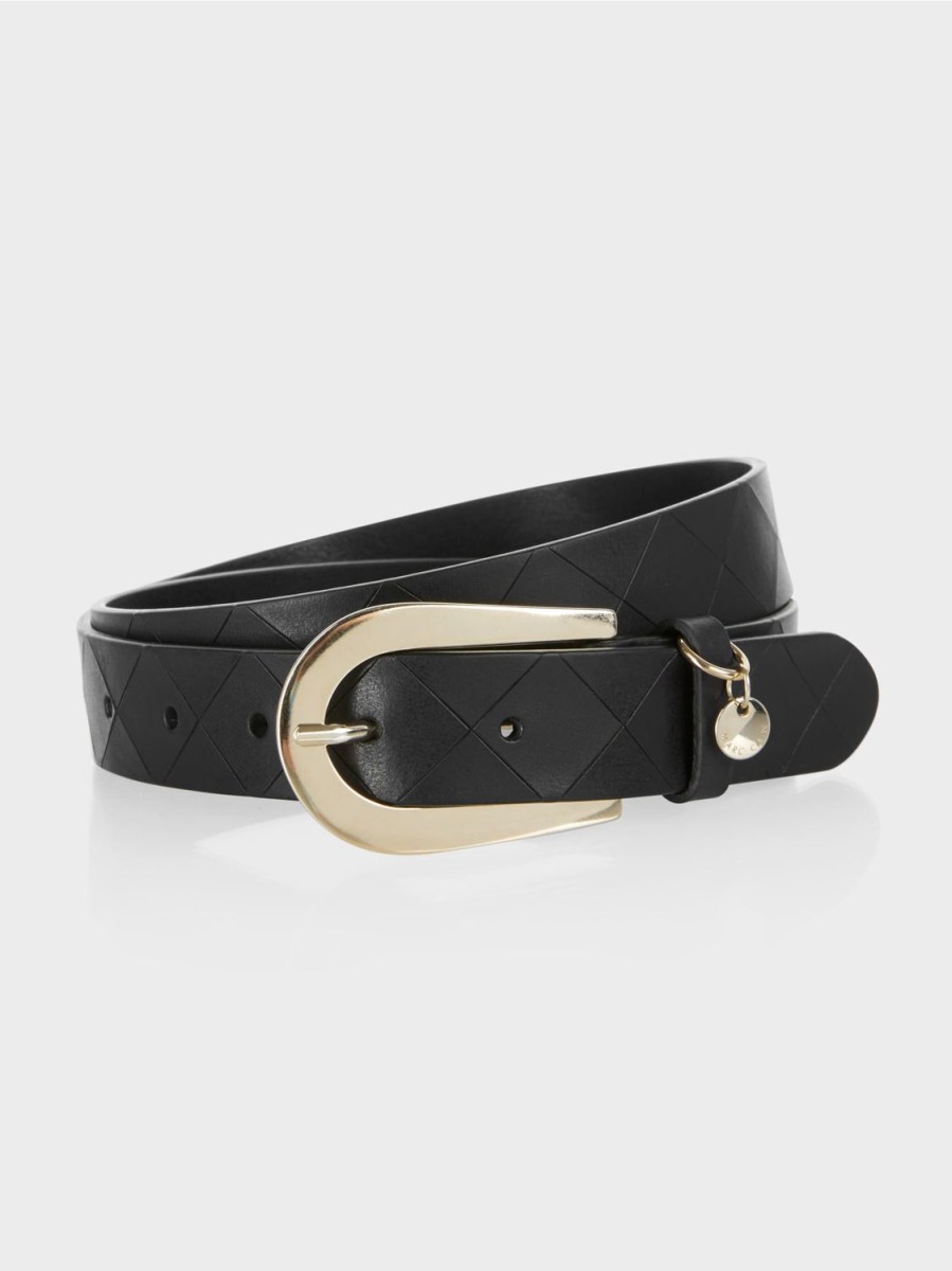 Women MARC CAIN Belts | Check Embossed Belt With Gold Buckle Black