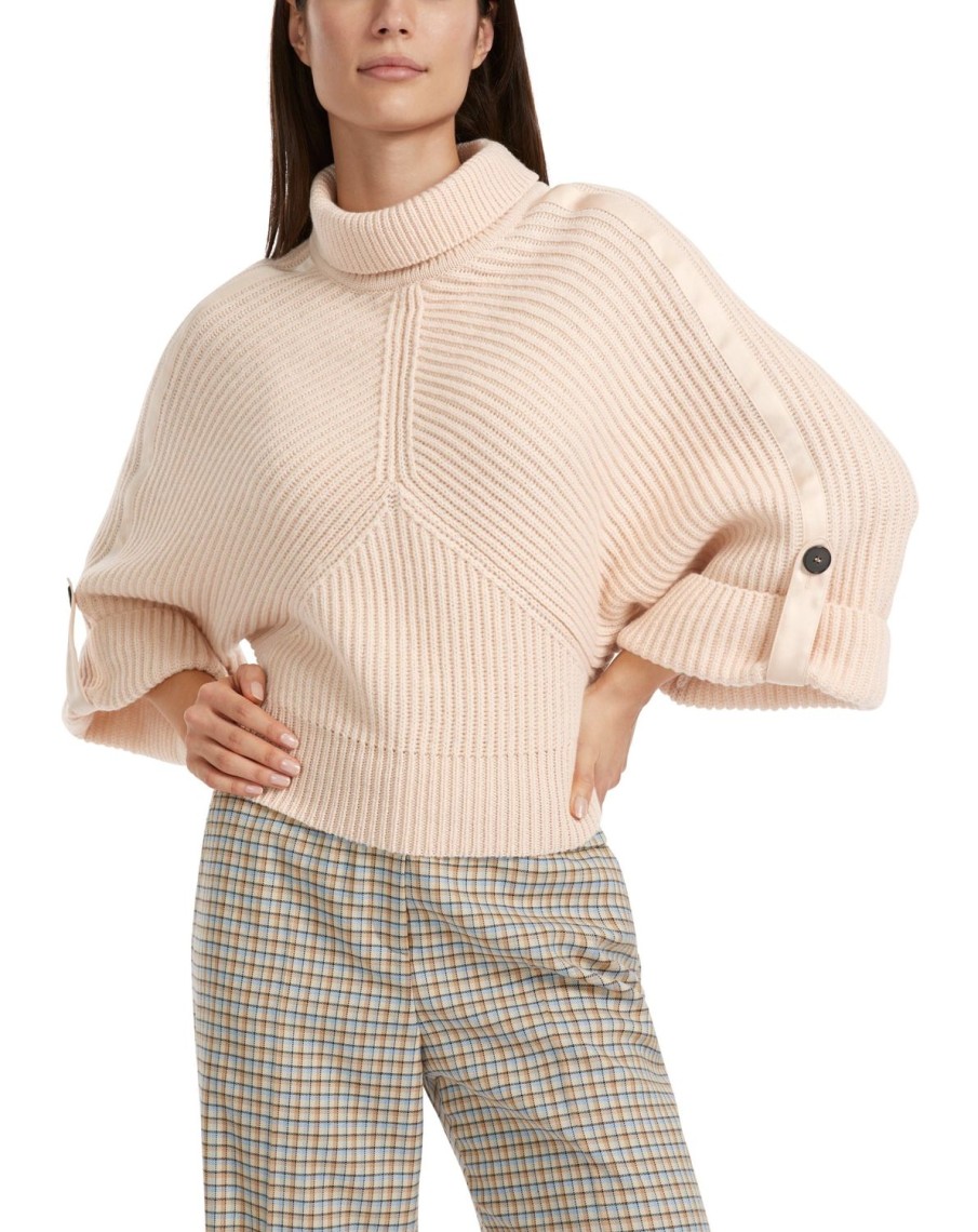 Women MARC CAIN Knitwear | High Neck Sweater W Short Sleeves Button Up 132-Dark Cream