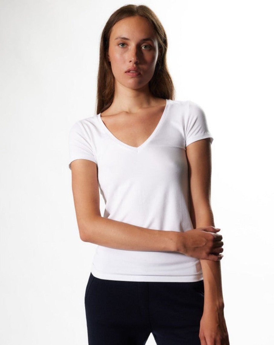 Women MAJESTIC FILATURES T-Shirts & Singlets | Superwashed Viscose & Elastine V-Neck T-Shirt White Blanc