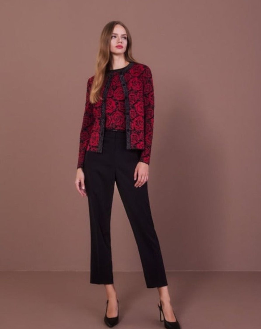 Women MARC CAIN Knitwear | Classic Cardigan With Roses & Lurex Thread 287-Brt Brgd