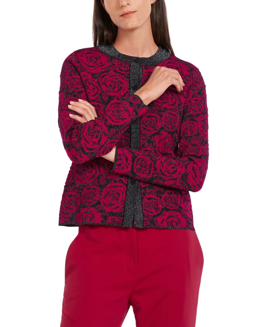 Women MARC CAIN Knitwear | Classic Cardigan With Roses & Lurex Thread 287-Brt Brgd