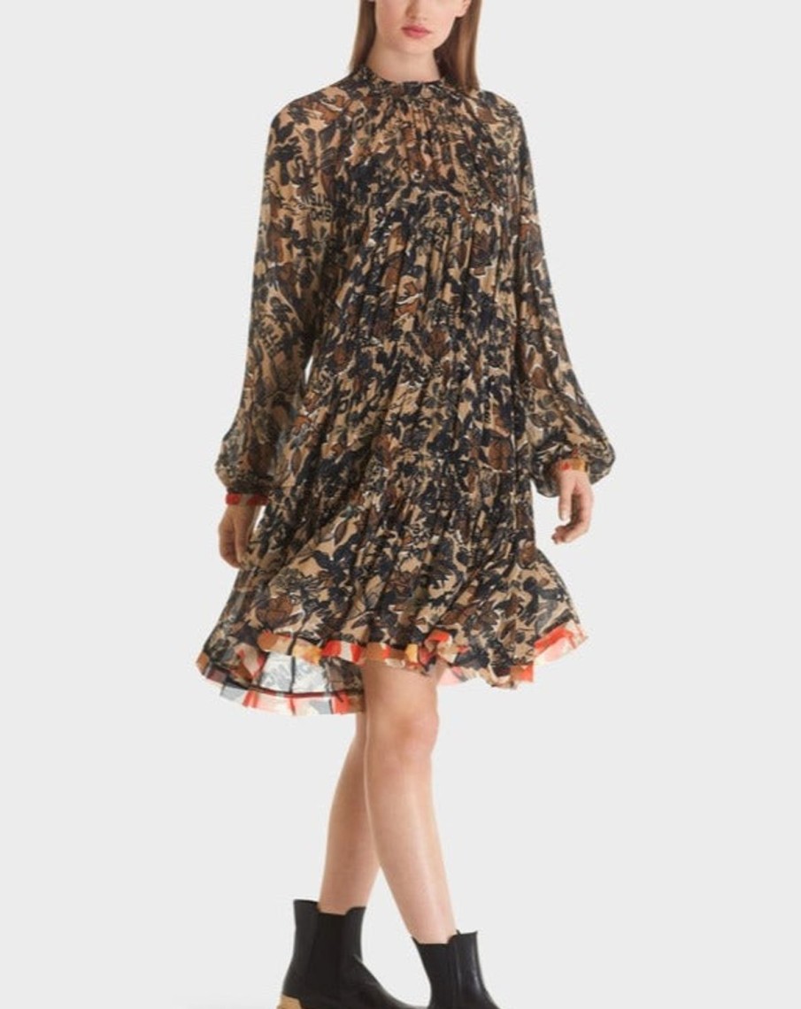 Women MARC CAIN Dresses | Floral Mc Print Dress W Long Sleeve Light Brown