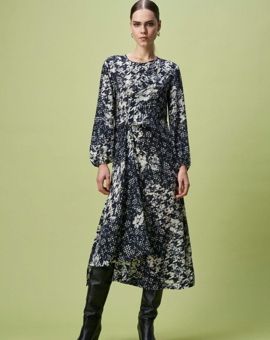 Women HIGH Dresses | Folly Silk Dress W Houndstooth Print Navy & Ivory