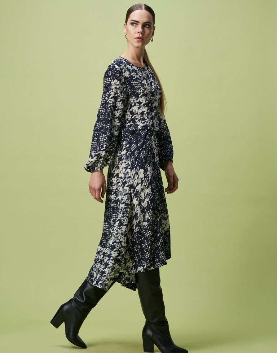 Women HIGH Dresses | Folly Silk Dress W Houndstooth Print Navy & Ivory