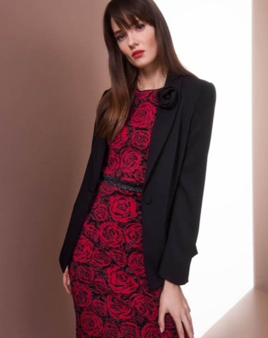 Women MARC CAIN Dresses | Knitted Dress With Roses 287-Brt Brgd