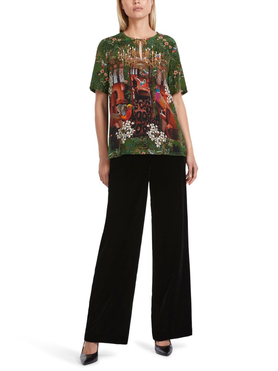 Women MARC CAIN T-Shirts & Singlets | Silk T-Shirt In Floral, Birds & Grand Chandeliers 573-Orient Grn