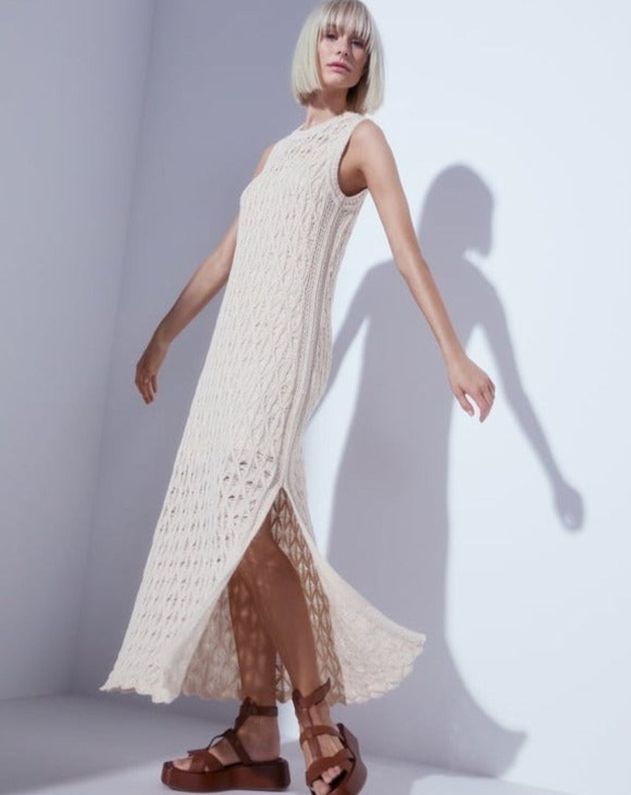 Women MARC CAIN Dresses | Midi Length Crochet Cream Dress 131-Creme