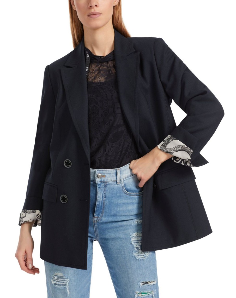 Women MARC CAIN Jackets & Blazers | Navy Double Breasted Jacket W Patterned Lining 395-Mngt Blue