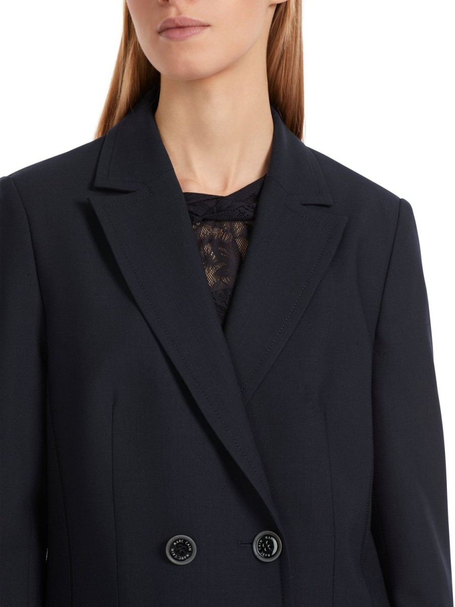 Women MARC CAIN Jackets & Blazers | Navy Double Breasted Jacket W Patterned Lining 395-Mngt Blue