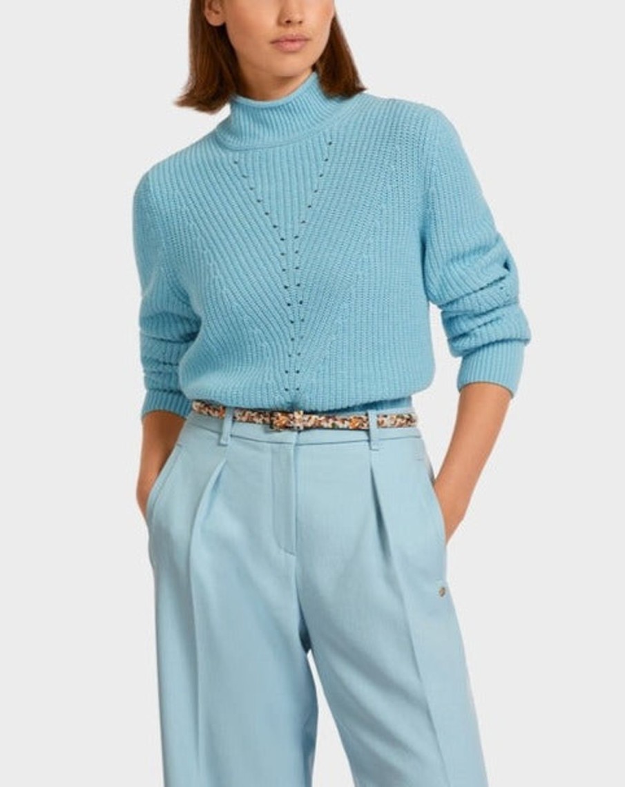 Women MARC CAIN Knitwear | Blue Blue Blue Woollen Sweater "Knitted In Germany" 314-Atm Blue