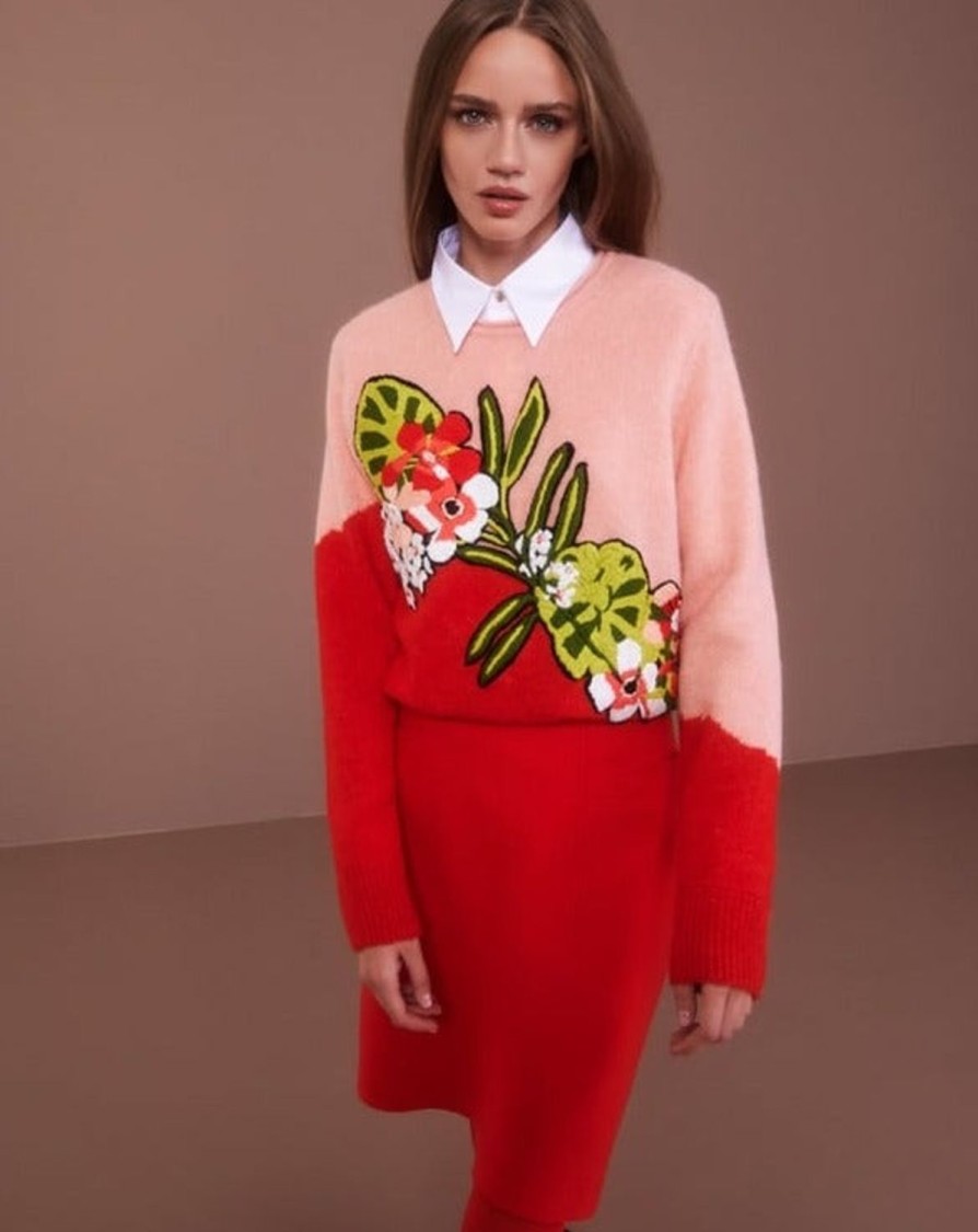 Women MARC CAIN Knitwear | Embroidery Singapore Floral Design Sweater 270-Brt Fr Red