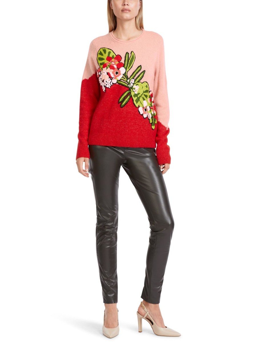 Women MARC CAIN Knitwear | Embroidery Singapore Floral Design Sweater 270-Brt Fr Red