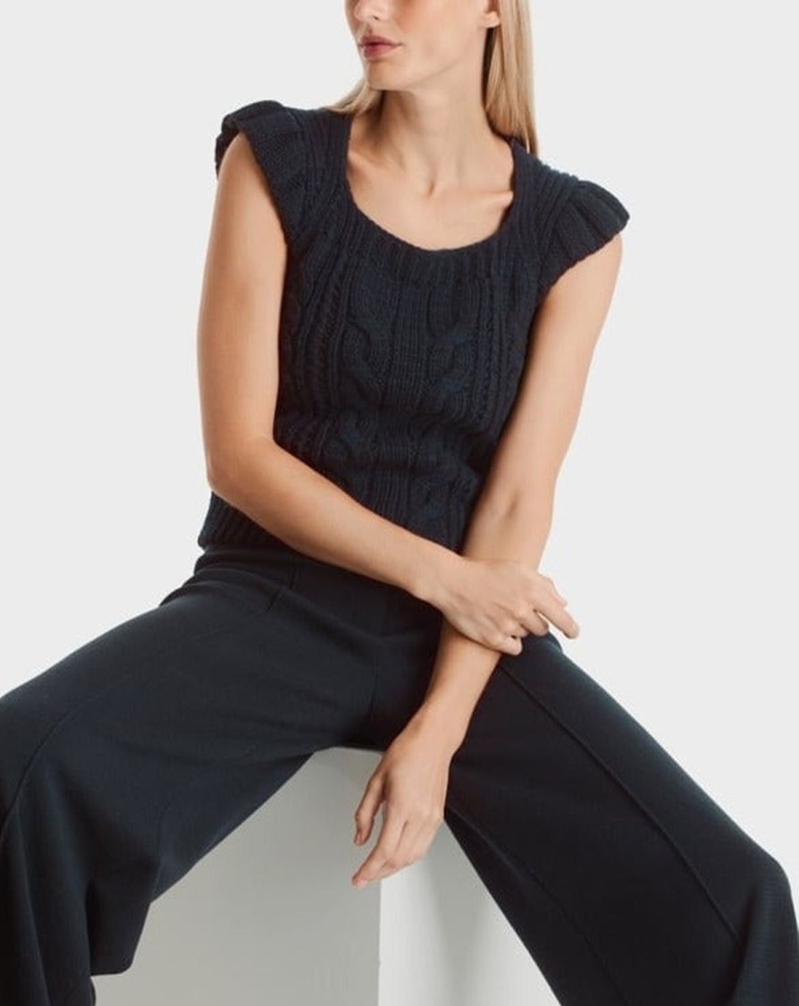 Women MARC CAIN Knitwear | Cable Knit Tank W Cap Sleeves Midnight Blue