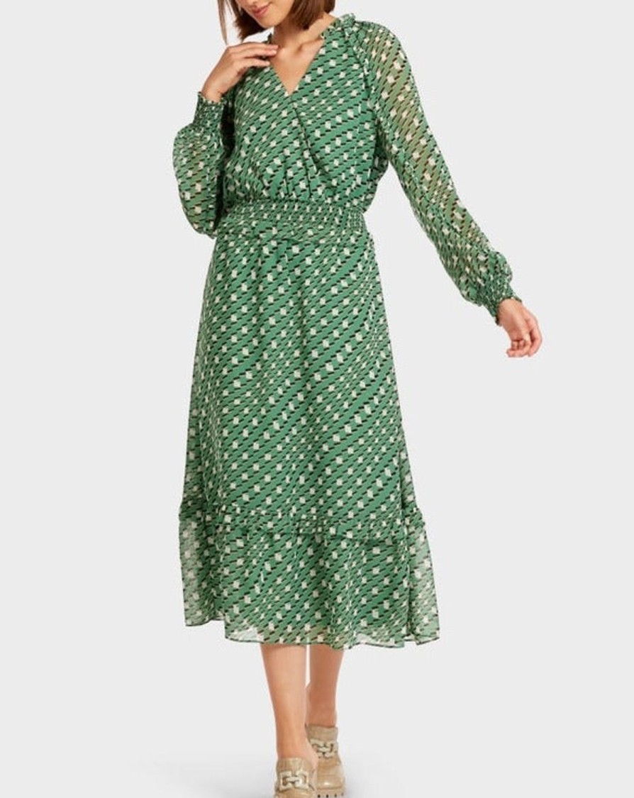 Women MARC CAIN Dresses | Long Dress W Green Geometric Design 540-Moss Green