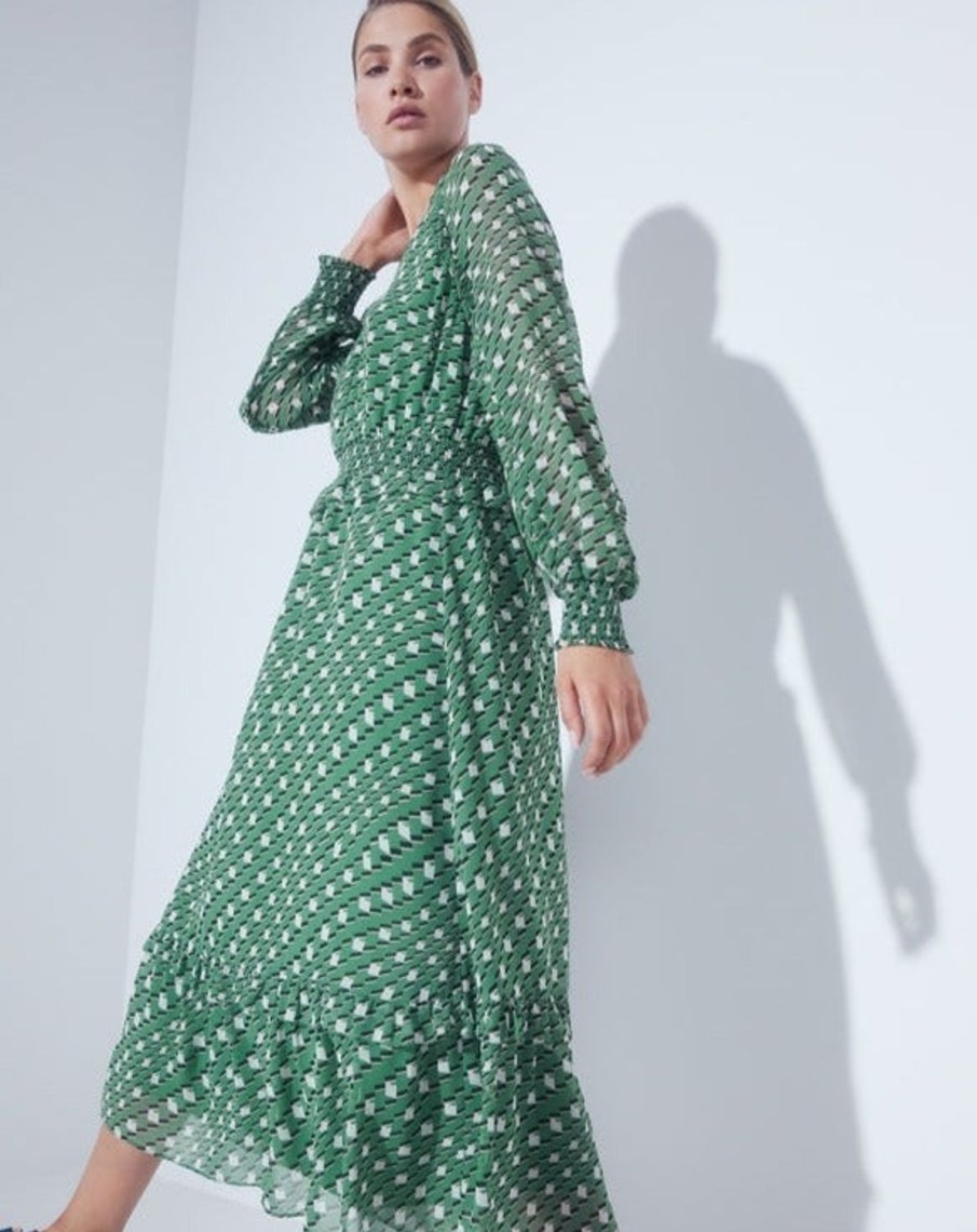 Women MARC CAIN Dresses | Long Dress W Green Geometric Design 540-Moss Green