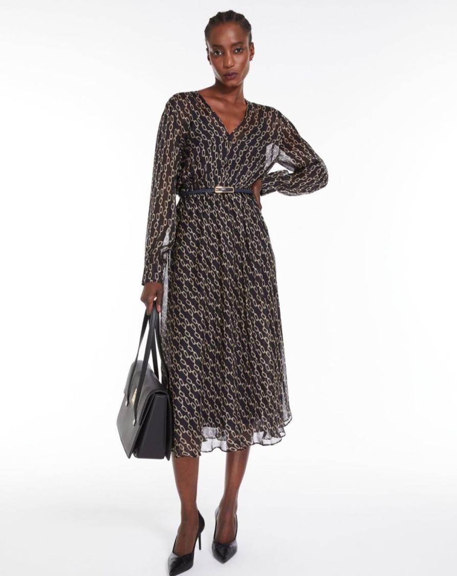 Women MAX MARA Dresses | Umile Flowing Printed Chiffon Dress Navy