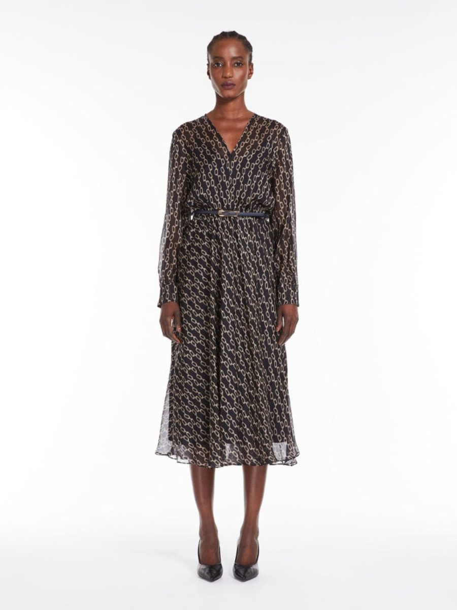 Women MAX MARA Dresses | Umile Flowing Printed Chiffon Dress Navy