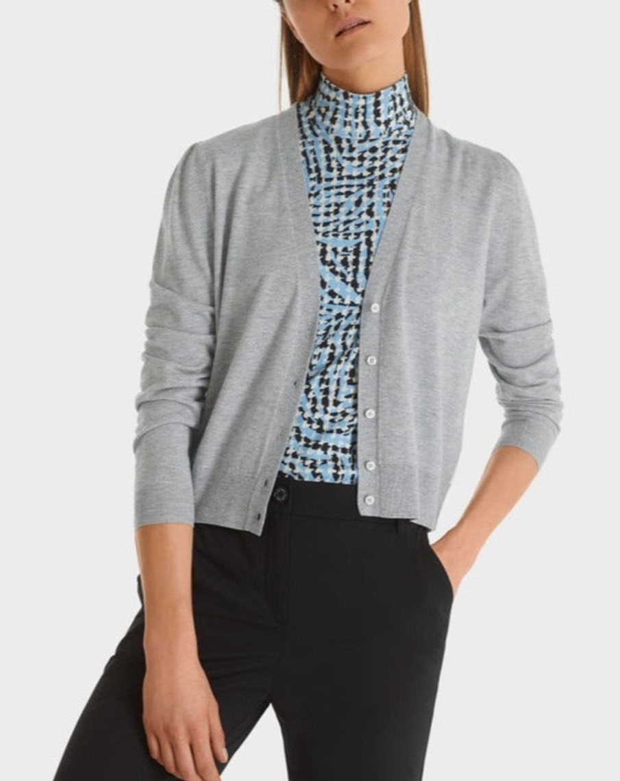 Women MARC CAIN Knitwear | Classic Cardigan With White Contrasting Stripe Grey