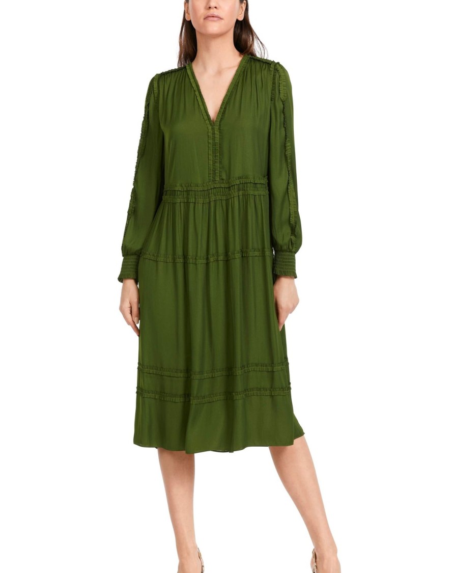 Women MARC CAIN Dresses | Boho Floaty Dress W Raw Edge Details 573-Orient Grn