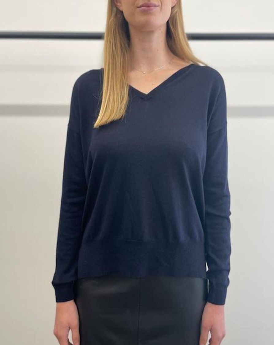 Women Riani Knitwear | Riani Fine V Neck Knit Navy Blue