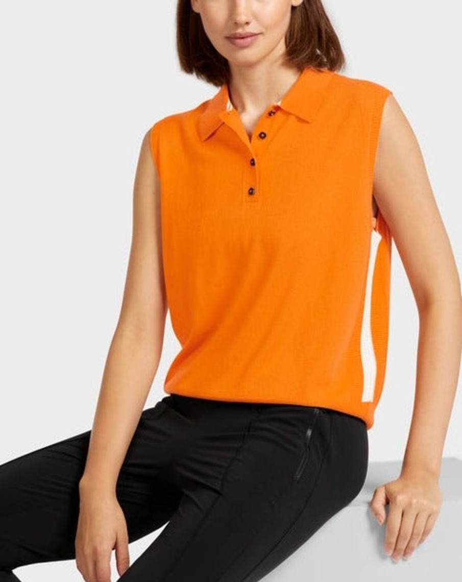 Women MARC CAIN Knitwear | Orange Knitted Polo Top 473-Brt Orange