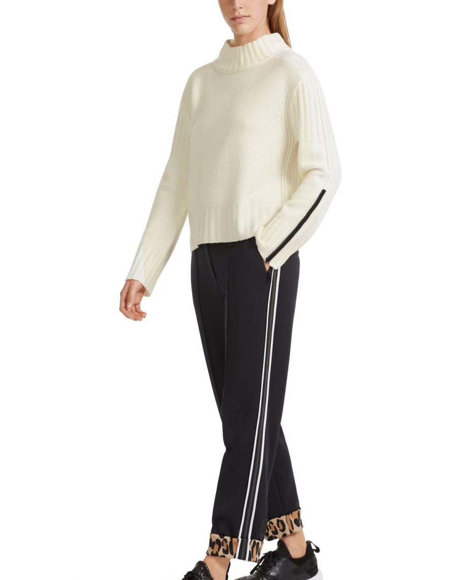 Women MARC CAIN Knitwear | Cropped High Neck Cream Sweater W Black Contrast Detail 110-Off-White