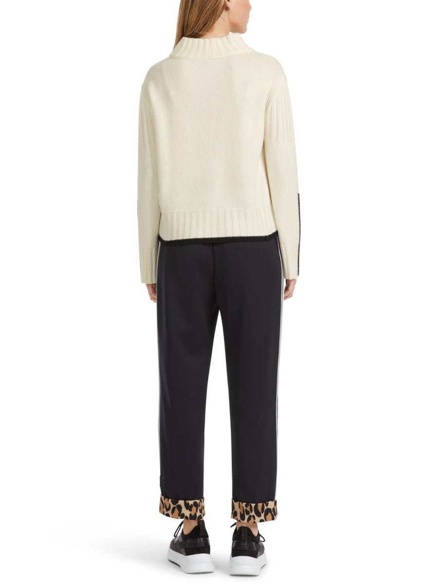 Women MARC CAIN Knitwear | Cropped High Neck Cream Sweater W Black Contrast Detail 110-Off-White